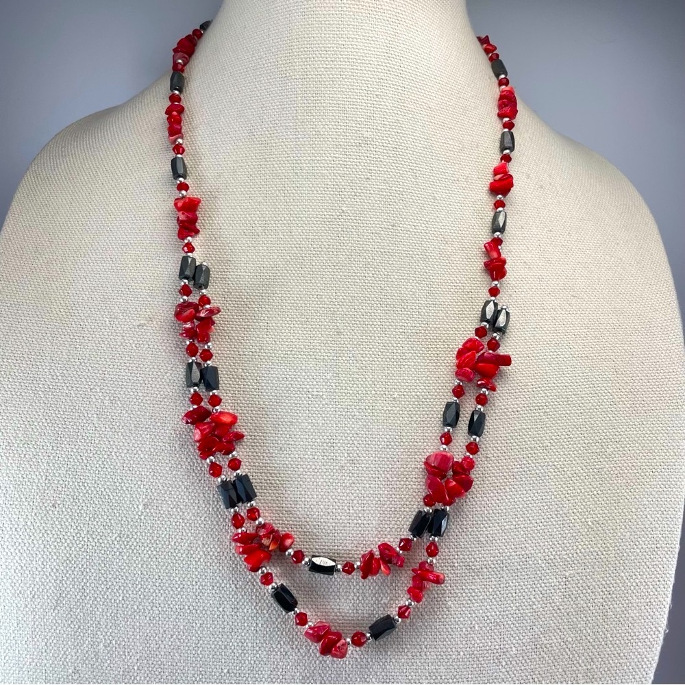 Stunning Magnetic Hematite Red Coral Chip Beaded Statement Necklace